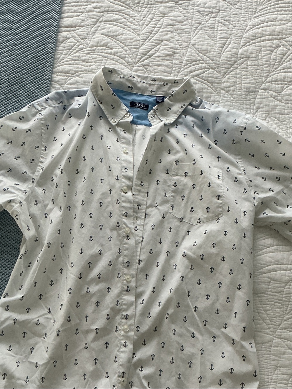 Izod White Short-Sleeve Button-Down Shirt with Navy Anchor Print